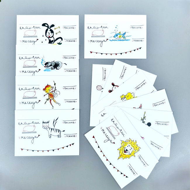 Сет од 12 картички за бебе за бележење тежина и висина во месецот